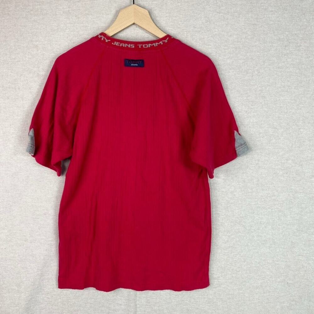 Vintage Tommy Hilfiger Mens Ribbed Tshirt Size L Red Spellout Logo 90s Preppy - Picture 3 of 8